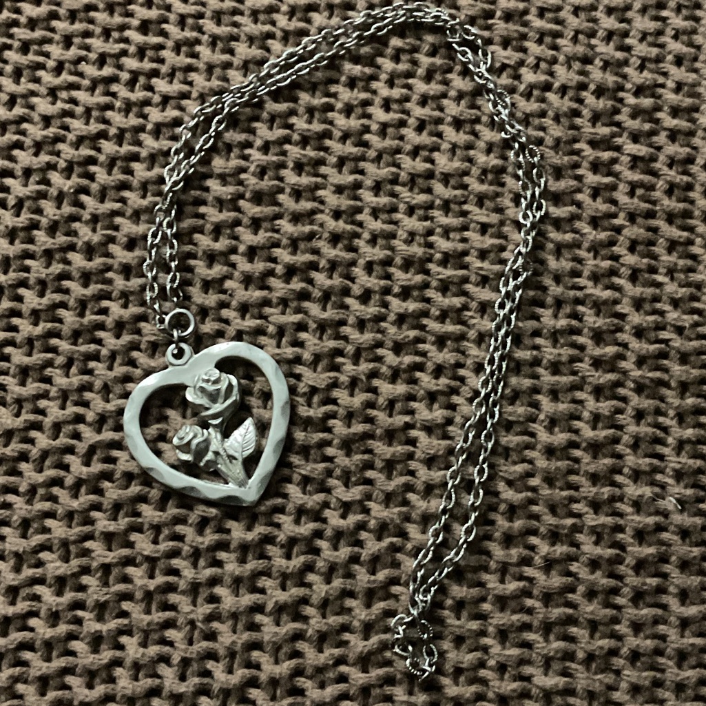 Antique Hong Kong Silvery Heart Rose Pendant Necklace